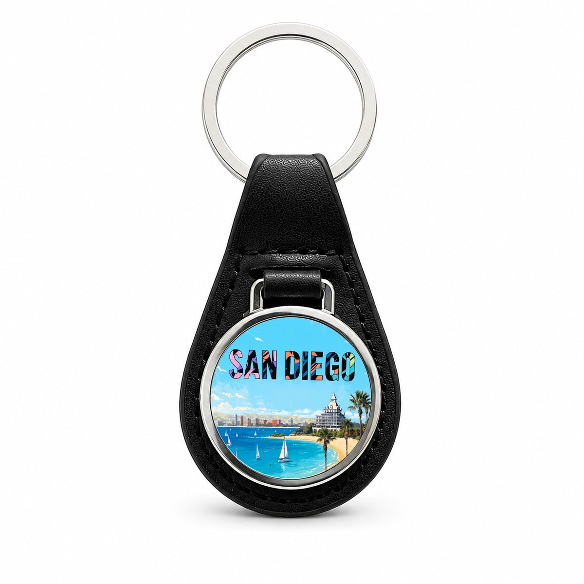 San Diego California Travel Ocean Black Leather Metal Keychain