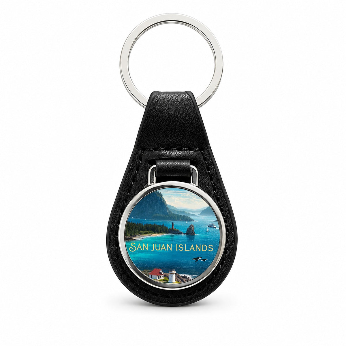 San Juan Islands Washington Travel Black Leather Metal Keychain