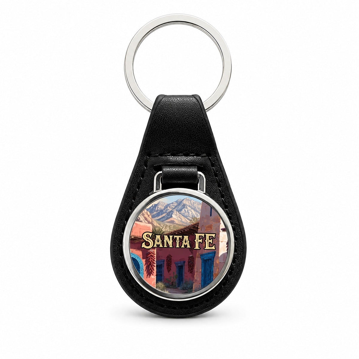 Santa Fe New Mexico Travel Black Leather Metal Keychain