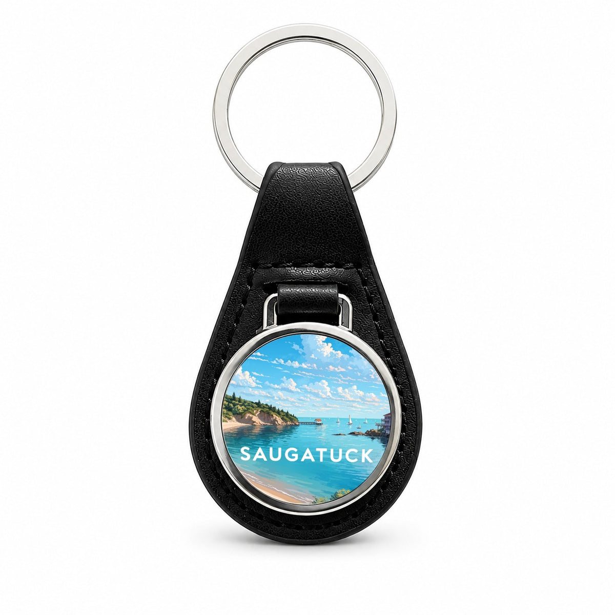 Saugatuck Michigan Travel Black Leather Metal Keychain