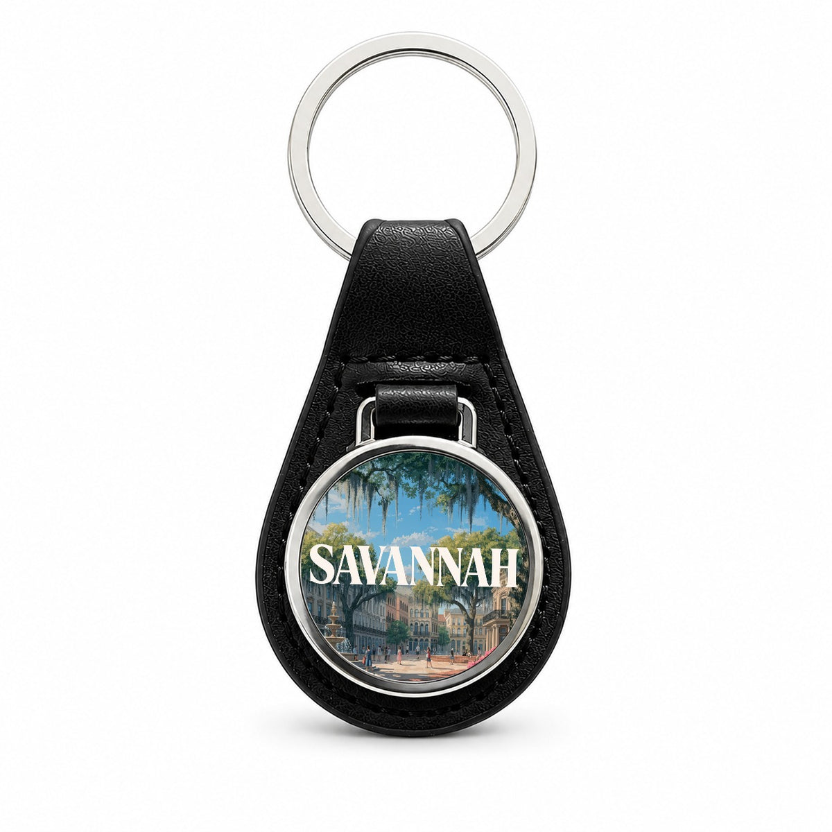 Savannah Georgia Travel Black Leather Metal Keychain