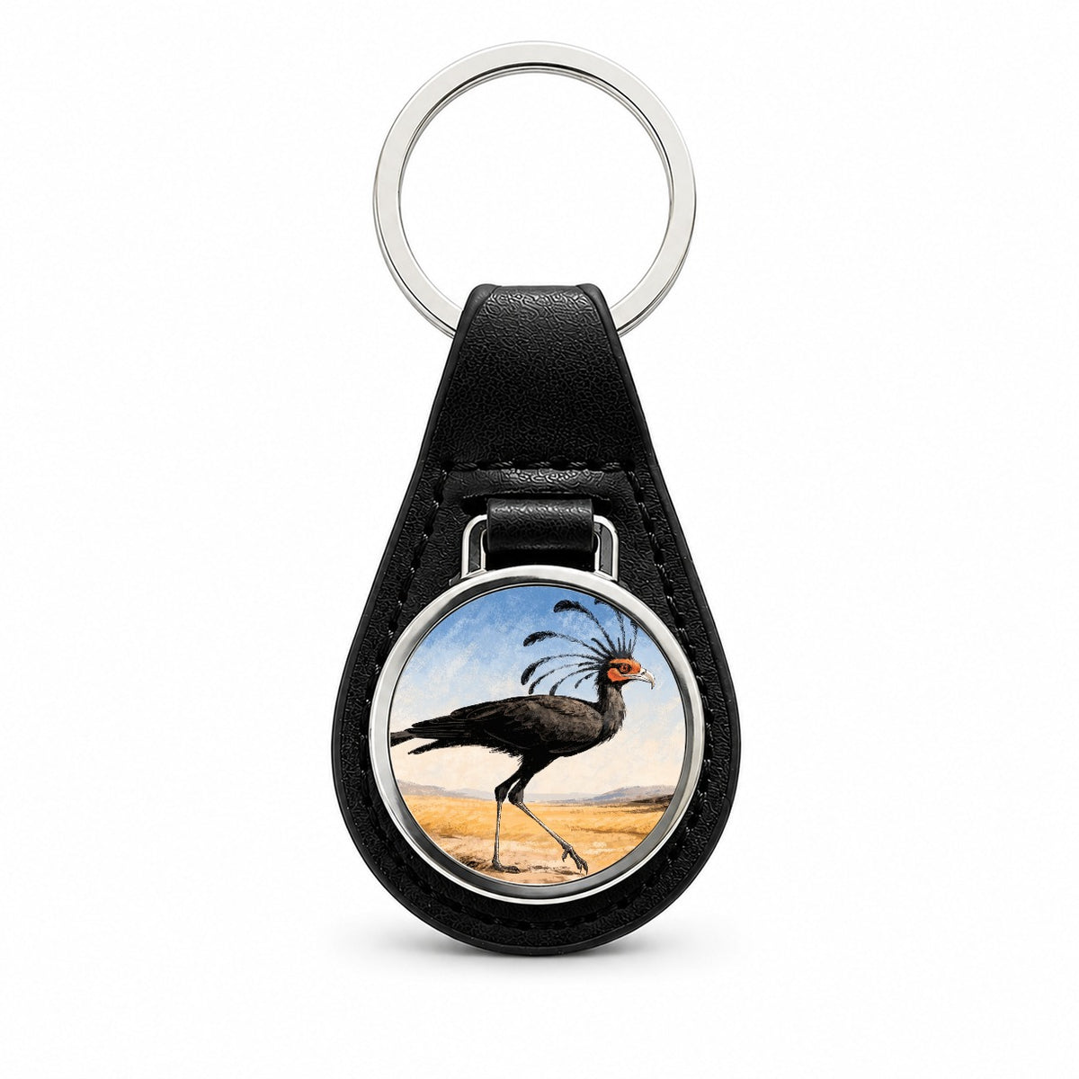 Secretary Bird Savanna Black Leather Metal Keychain