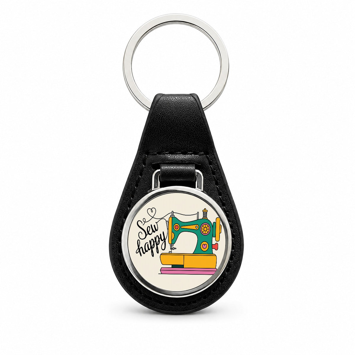 Sew Happy Sewing Machine Cute Black Leather Metal Keychain