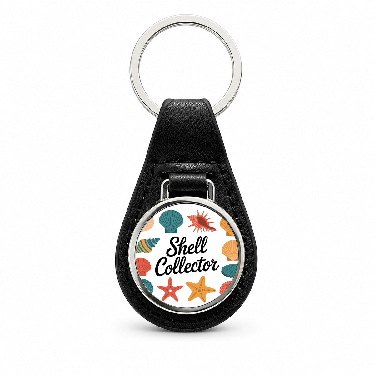 Shell Collector Seashells Black Leather Metal Keychain
