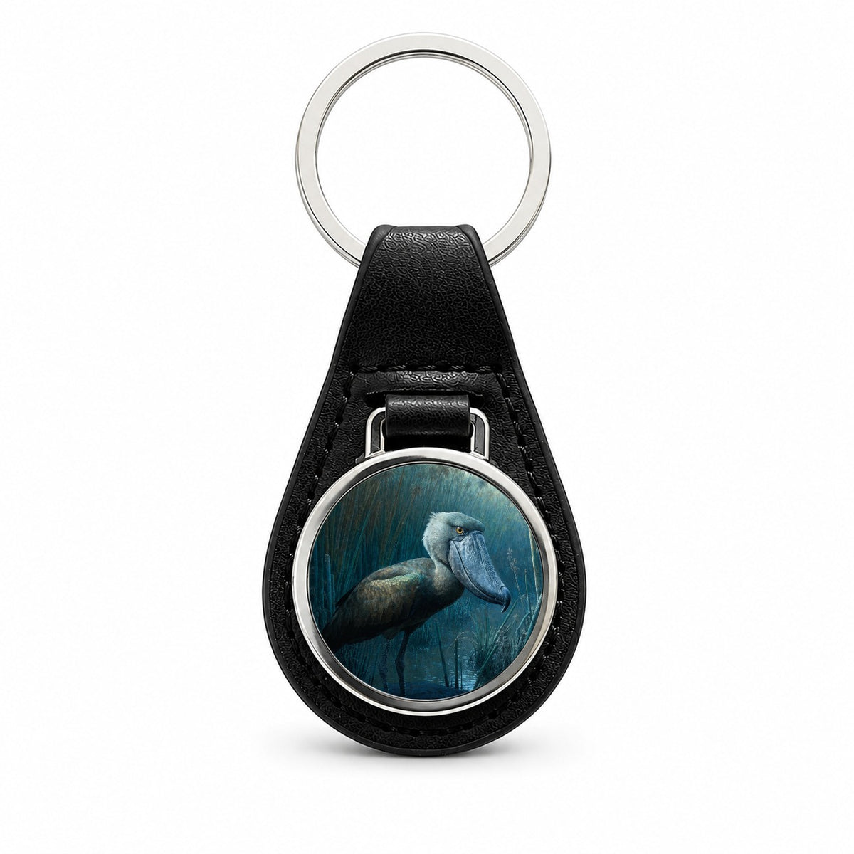Shoebill Whale Headed Stork Wetlands Black Leather Metal Keychain