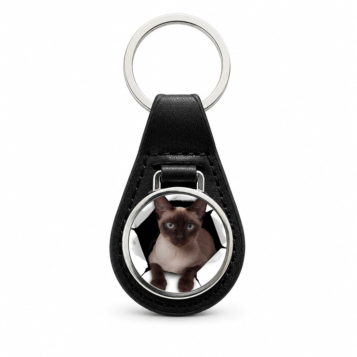 Siamese Cat Breakout Black Leather Metal Keychain