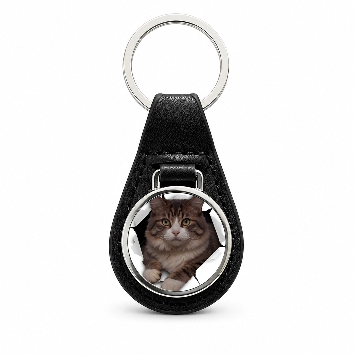 Siberian Cat Breakout Black Leather Metal Keychain