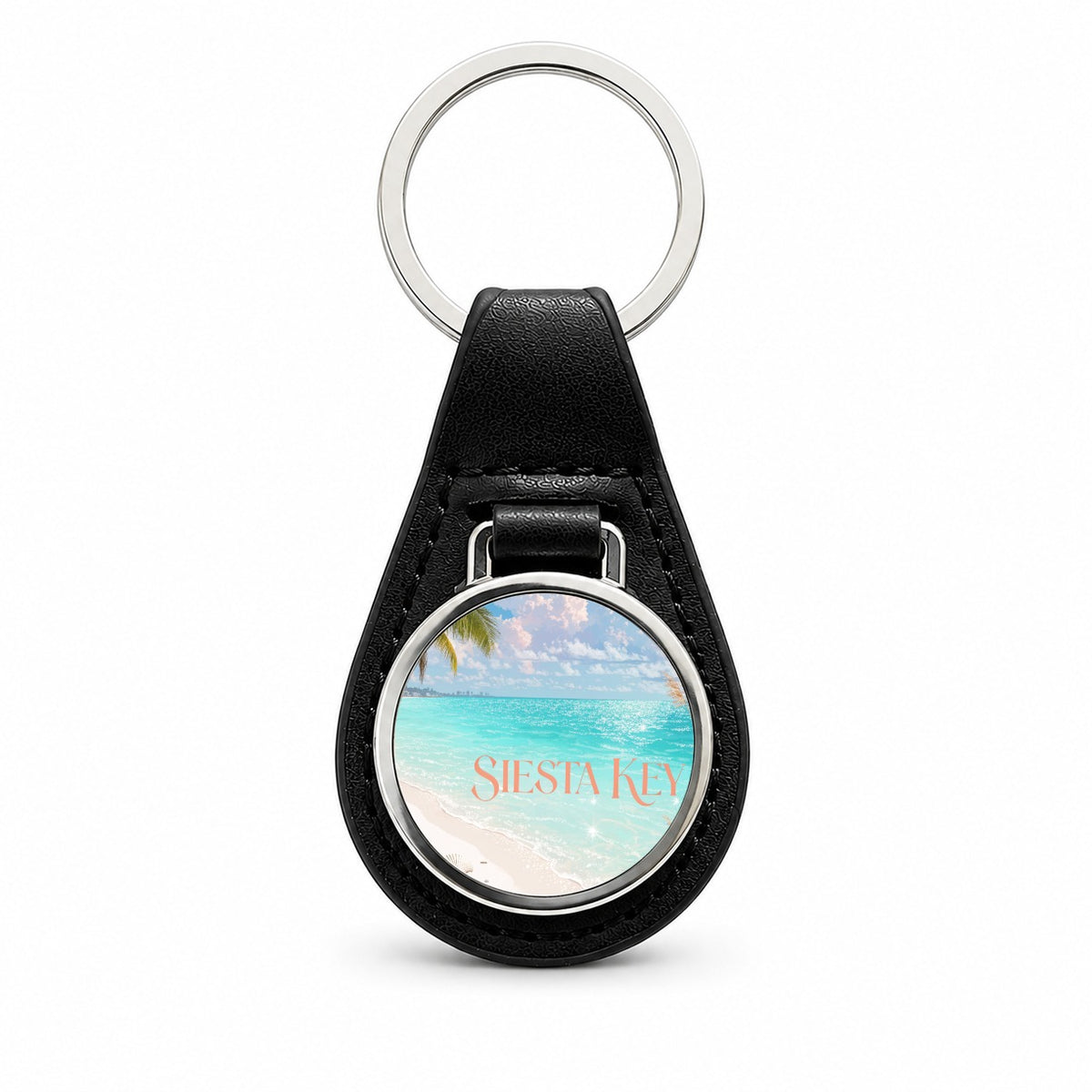 Siesta Key Florida Travel Black Leather Metal Keychain