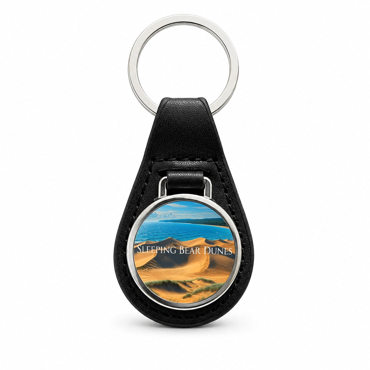 Sleeping Bear Dunes Michigan Travel Black Leather Metal Keychain