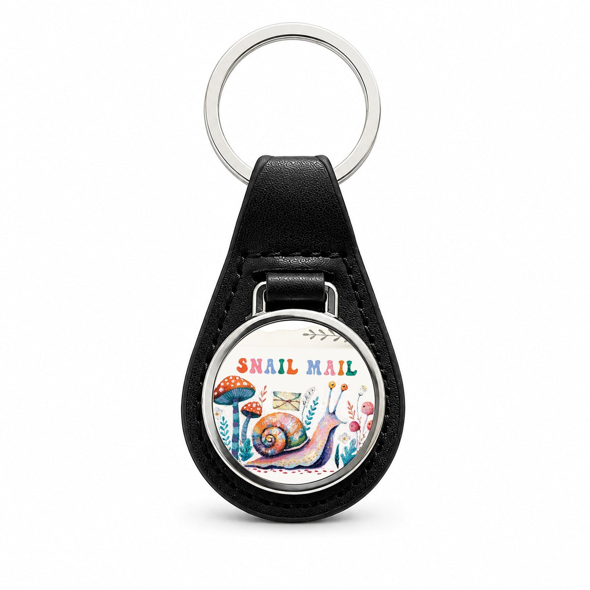 Snail Mail Whimsical Black Leather Metal Keychain