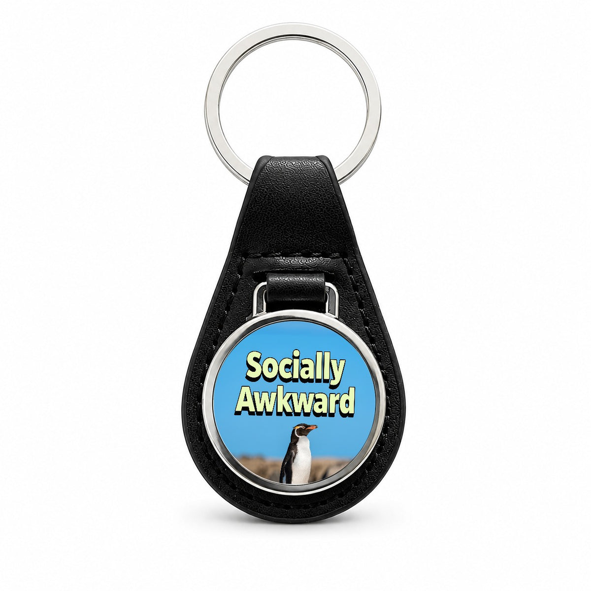 Socially Awkward Penguin Funny Black Leather Metal Keychain