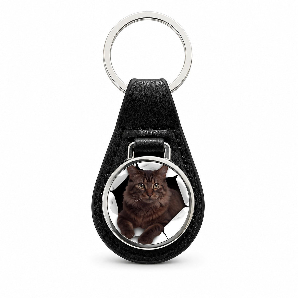 Somali Cat Breakout Black Leather Metal Keychain