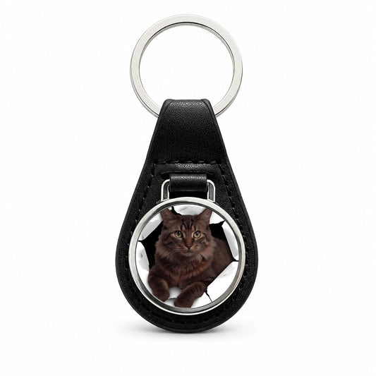 Somali Cat Breakout Black Leather Metal Keychain