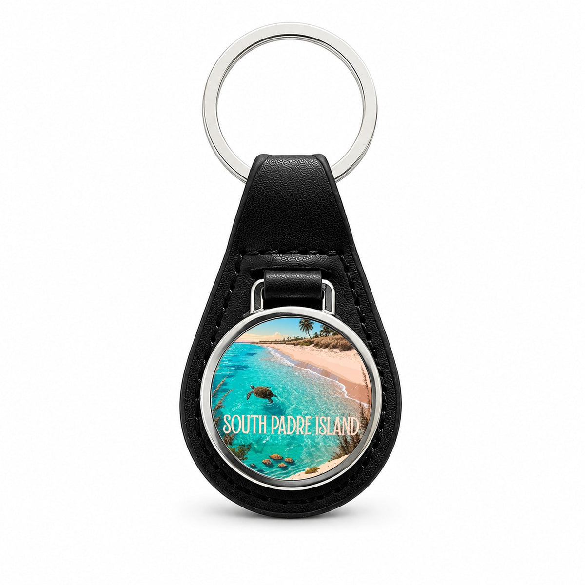 South Padre Island Texas Travel Black Leather Metal Keychain