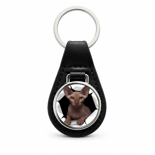 Sphynx Cat Breakout Black Leather Metal Keychain