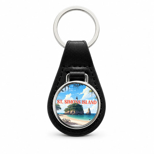 St Simons Island Georgia Travel Black Leather Metal Keychain