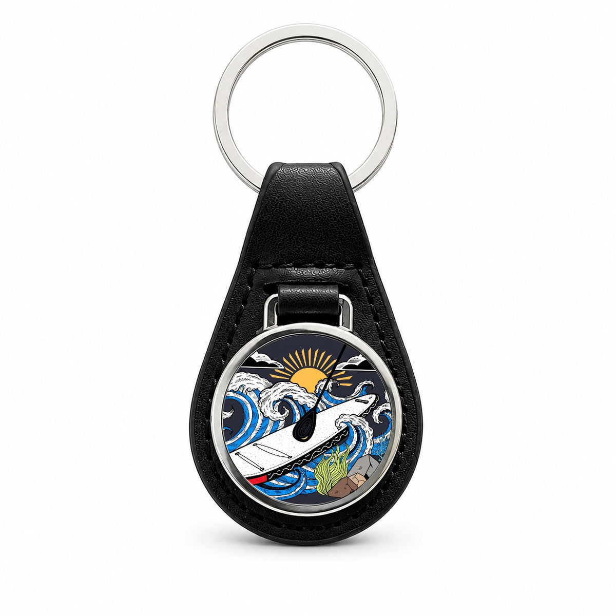 Stand Up Paddleboard Water Sport Black Leather Metal Keychain