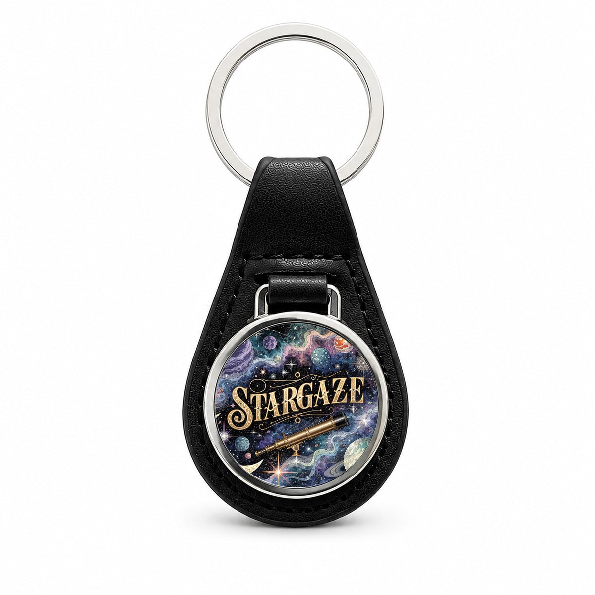 Stargaze Telescope Astronomy Space Black Leather Metal Keychain