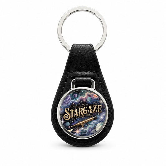 Stargaze Telescope Astronomy Space Black Leather Metal Keychain