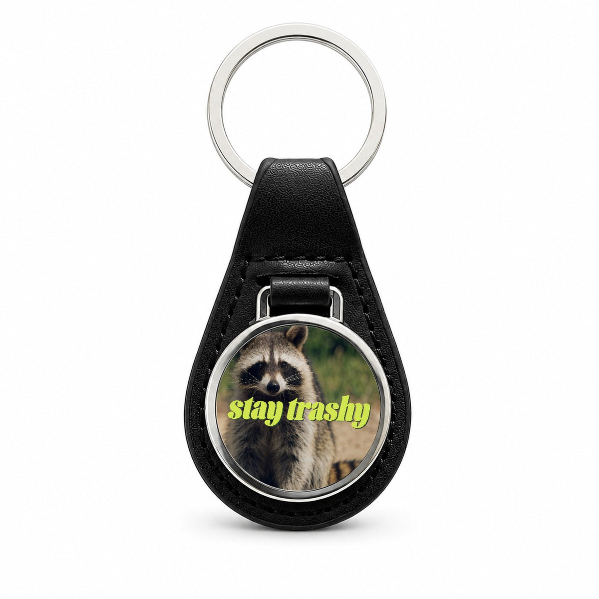 Stay Trashy Raccoon Funny Black Leather Metal Keychain