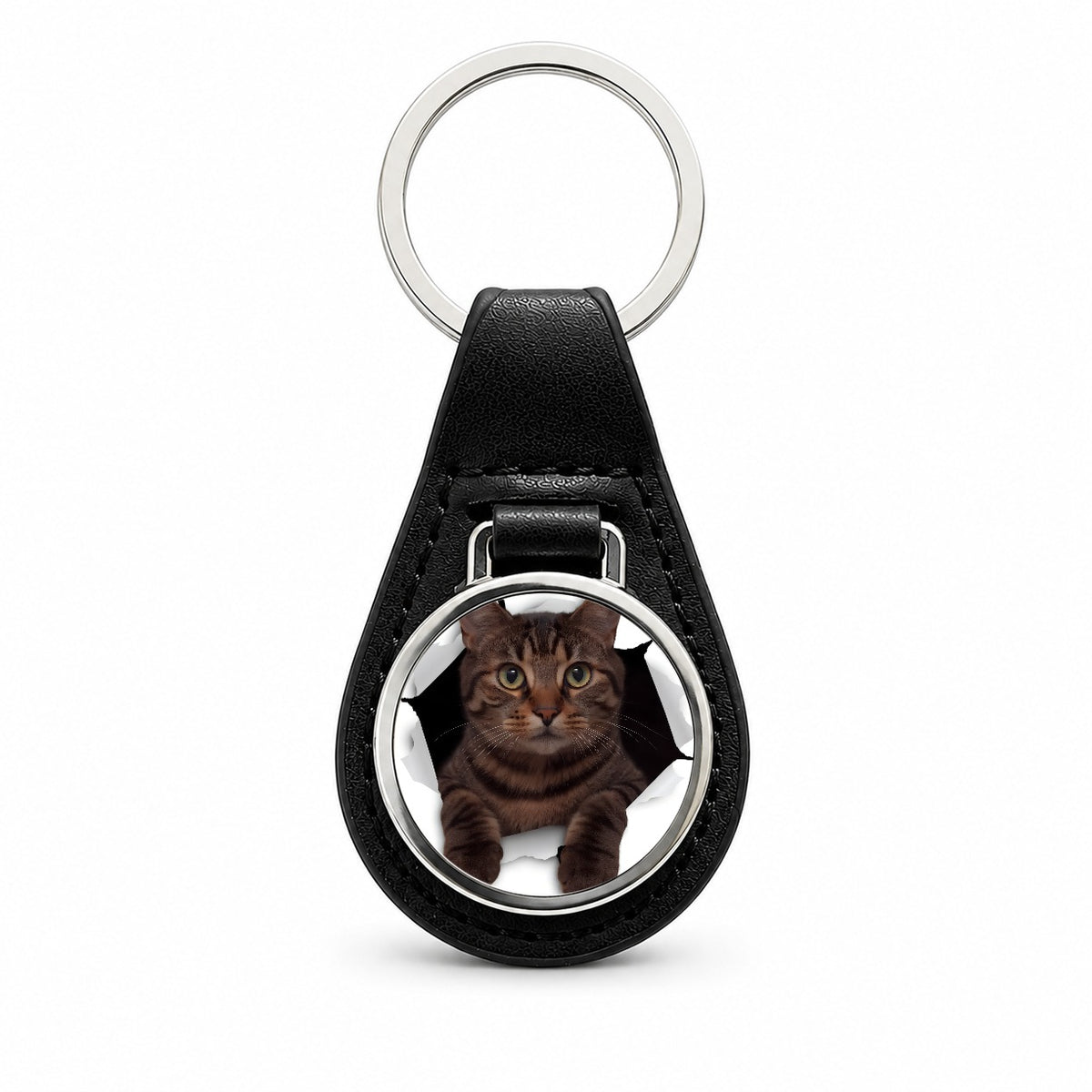 Tabby Cat Breakout Black Leather Metal Keychain