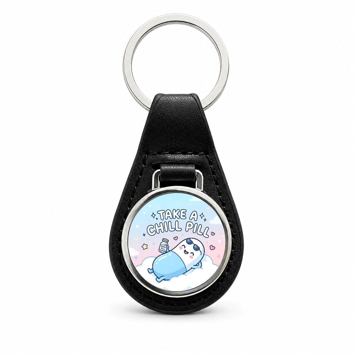 Take Chill Pill Cloud Funny Black Leather Metal Keychain