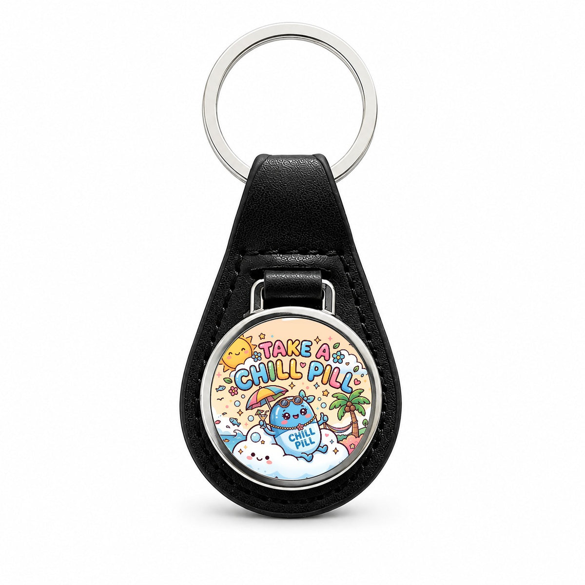 Take Chill Pill Cute Black Leather Metal Keychain