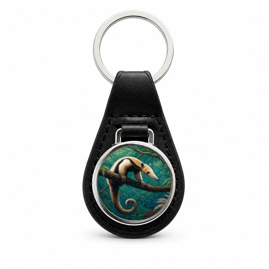 Tamandua Tropical Forest Black Leather Metal Keychain
