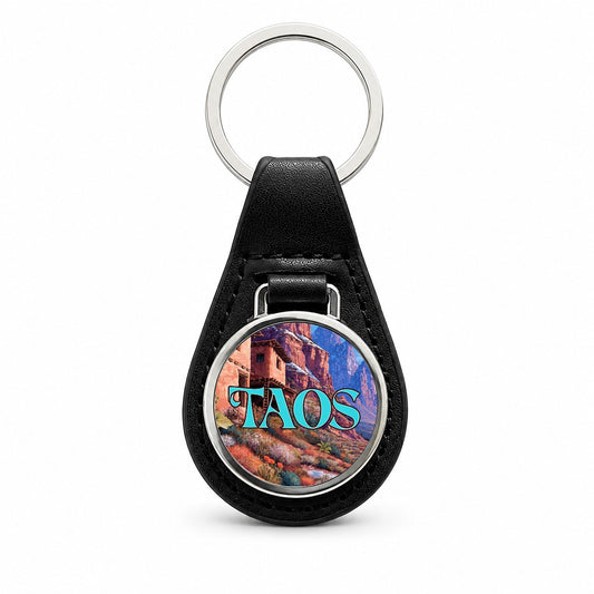 Taos New Mexico Travel Black Leather Metal Keychain
