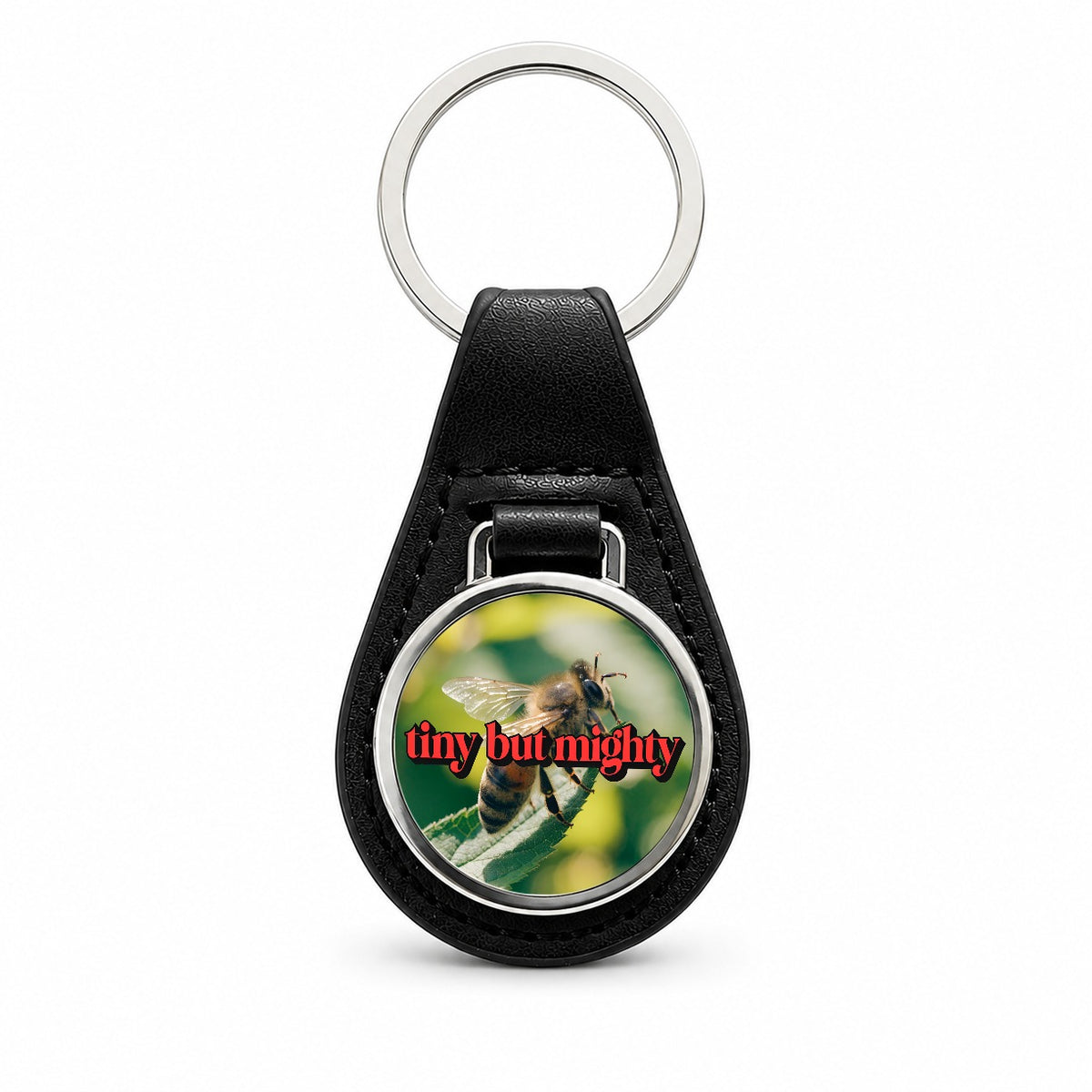 Tiny But Mighty Bee Funny Black Leather Metal Keychain