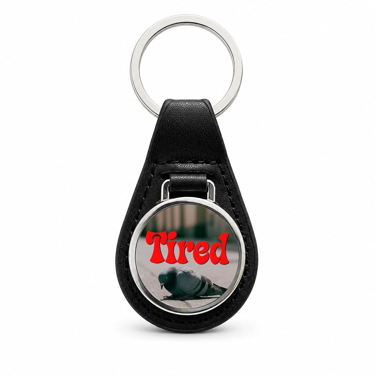 Tired Pigeon Funny Black Leather Metal Keychain