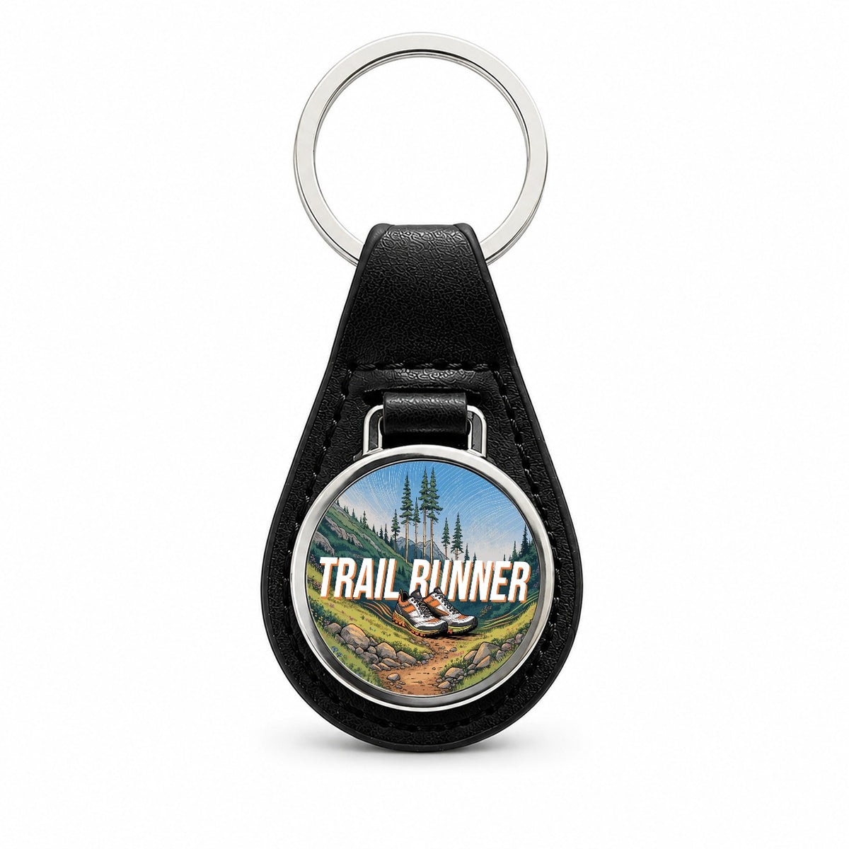Trail Runner Running Black Leather Metal Keychain
