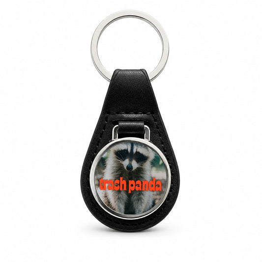 Trash Panda Raccoon Funny Black Leather Metal Keychain
