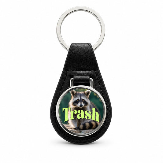 Trash Raccoon Funny Black Leather Metal Keychain