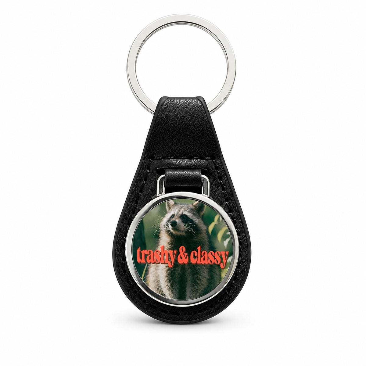 Trashy & Classy Raccoon Funny Black Leather Metal Keychain