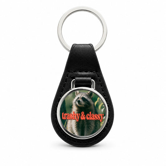 Trashy & Classy Raccoon Funny Black Leather Metal Keychain