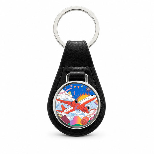 Travel Airplane Flight Attendant Pilot Black Leather Metal Keychain