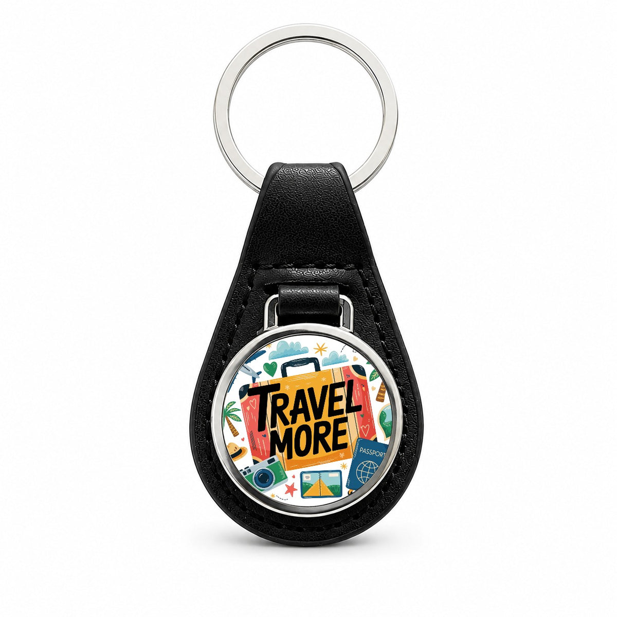 Travel More Colorful Suitcase Black Leather Metal Keychain