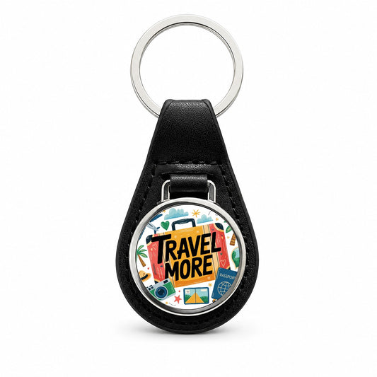 Travel More Colorful Suitcase Black Leather Metal Keychain