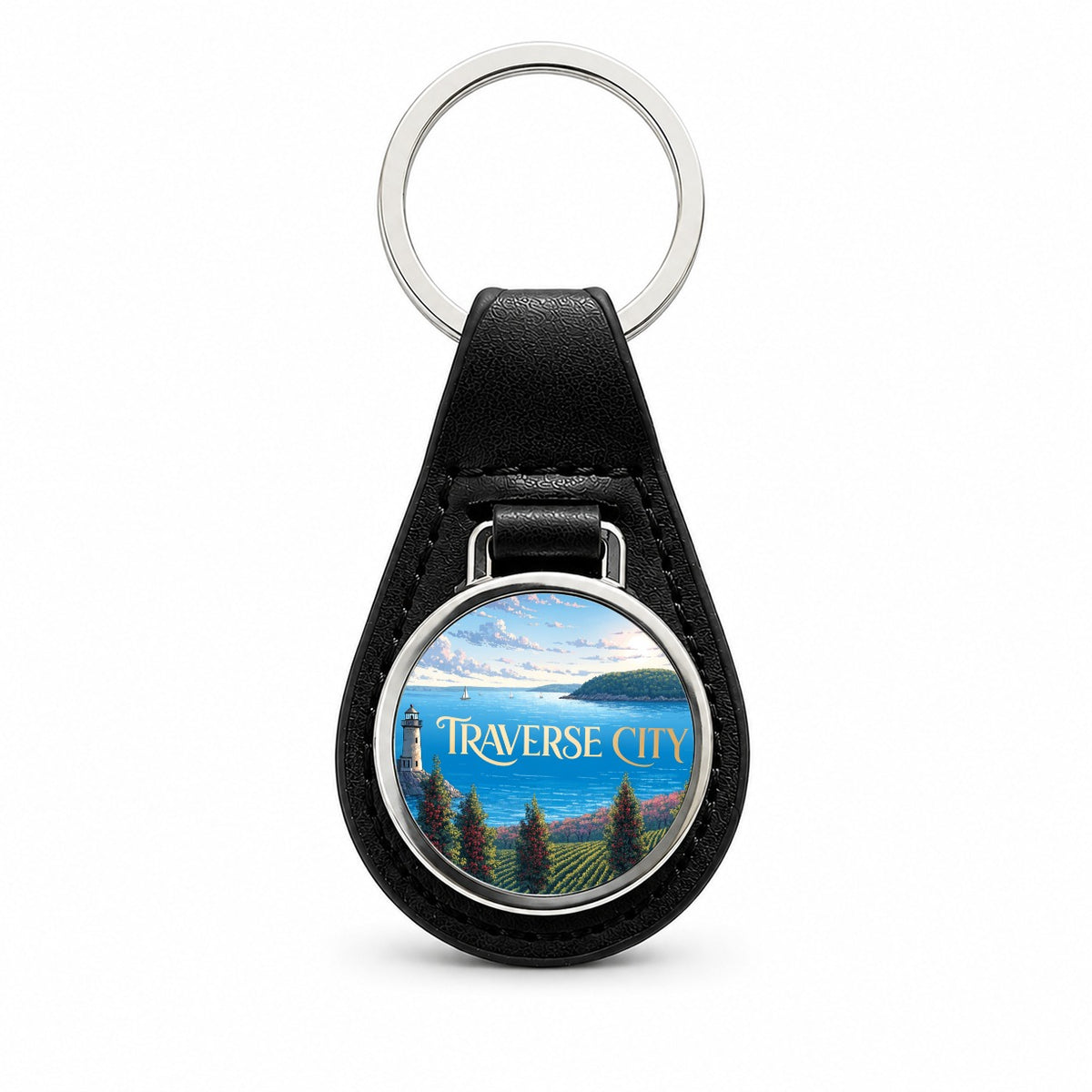 Traverse City Michigan Travel Black Leather Metal Keychain