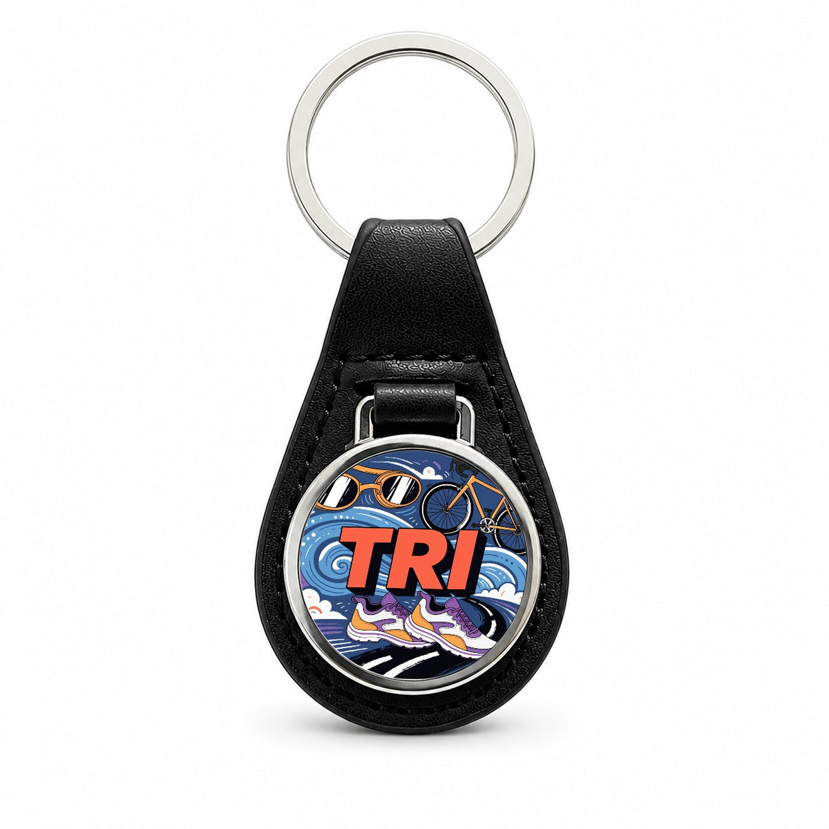 Triathlon Swim Bike Run Black Leather Metal Keychain