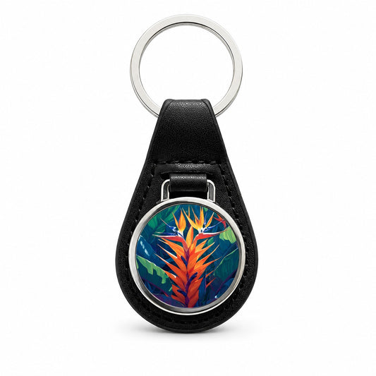 Tropical Bird Paradise Flowers Black Leather Metal Keychain