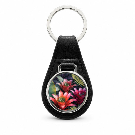 Tropical Bromeliad Garden Black Leather Metal Keychain