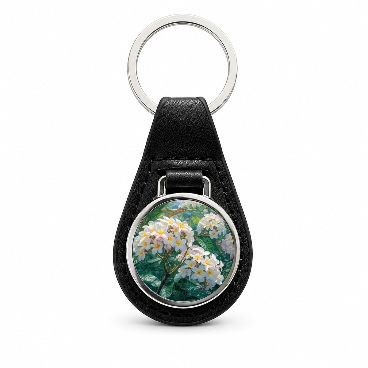Tropical Frangipani Flowers Black Leather Metal Keychain