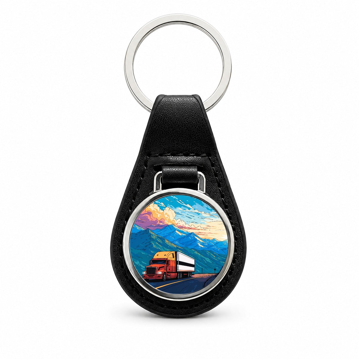 Truck Driver Semi Truck Black Leather Metal Keychain