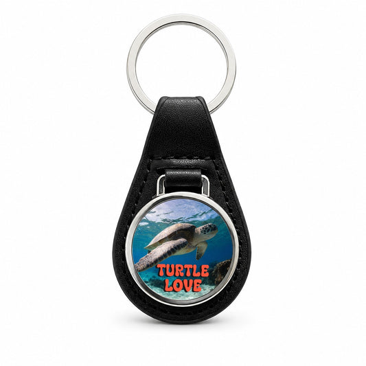 Turtle Love Swimming Fun Black Leather Metal Keychain