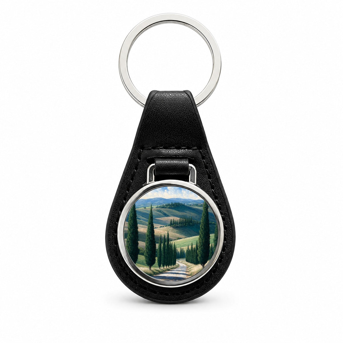 Tuscan Cypress Countryside Black Leather Metal Keychain