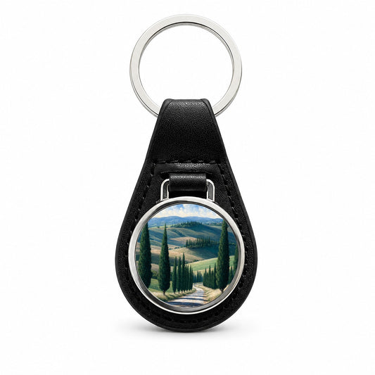 Tuscan Cypress Countryside Black Leather Metal Keychain