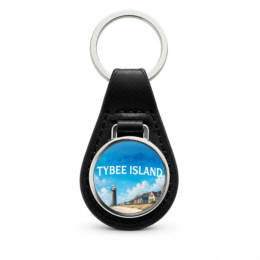Tybee Island Georgia Travel Black Leather Metal Keychain