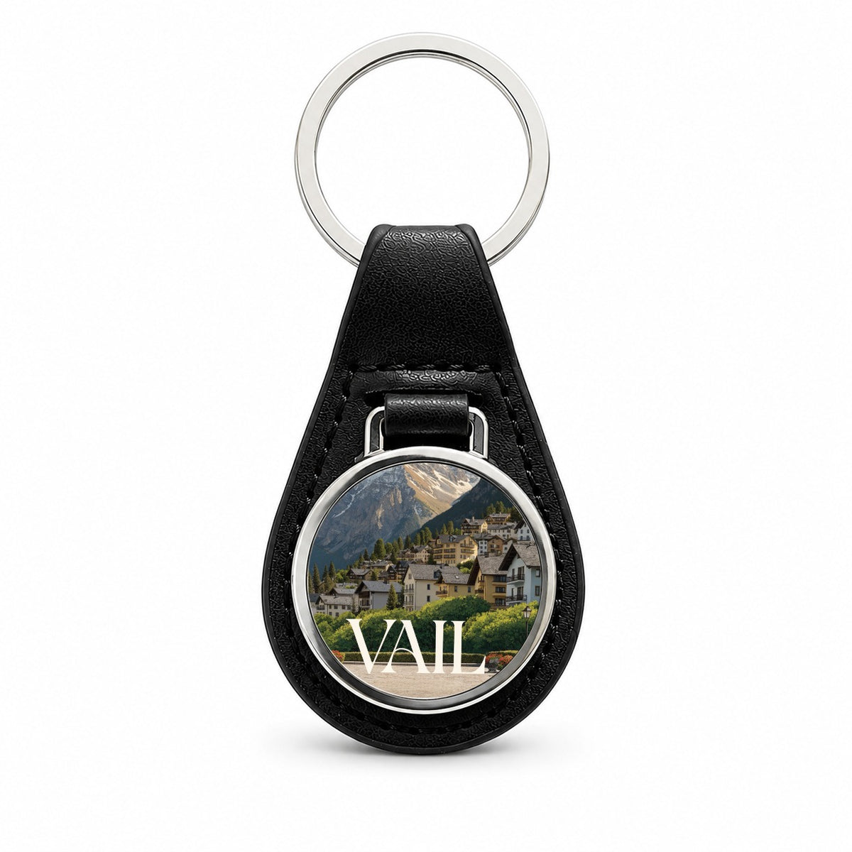 Vail Colorado Travel Black Leather Metal Keychain